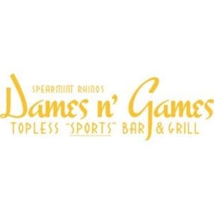 Dames n Games logo with gold letters on a white background.