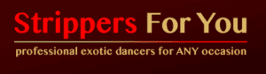 Strippers For You logo with colored letters on a brown background