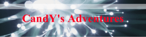 CandYs Adventures logo with red text on a sparkling water background