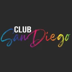 Club San Diego logo with rainbow letters on a dark background 