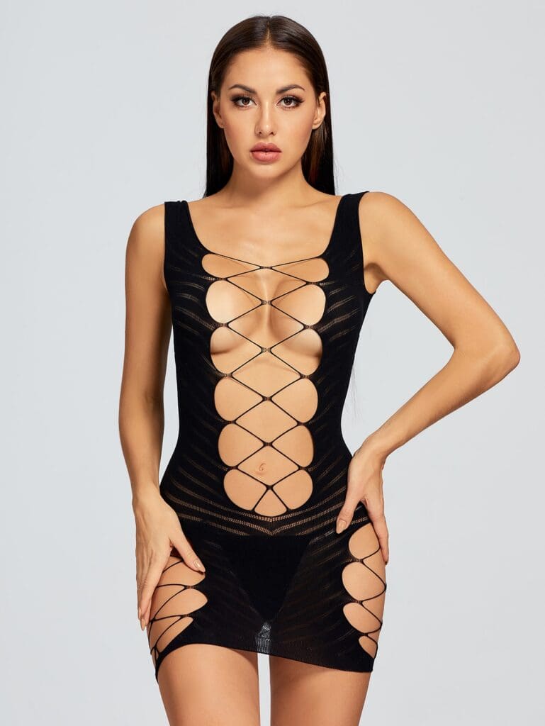 Cut-Out Crisscross Fishnet Dress - Black