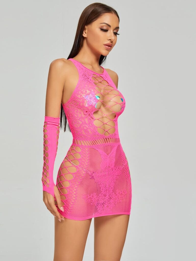 Fishnet Cut-Out Dress & 1 Pair Oversleeve - Hot Pink