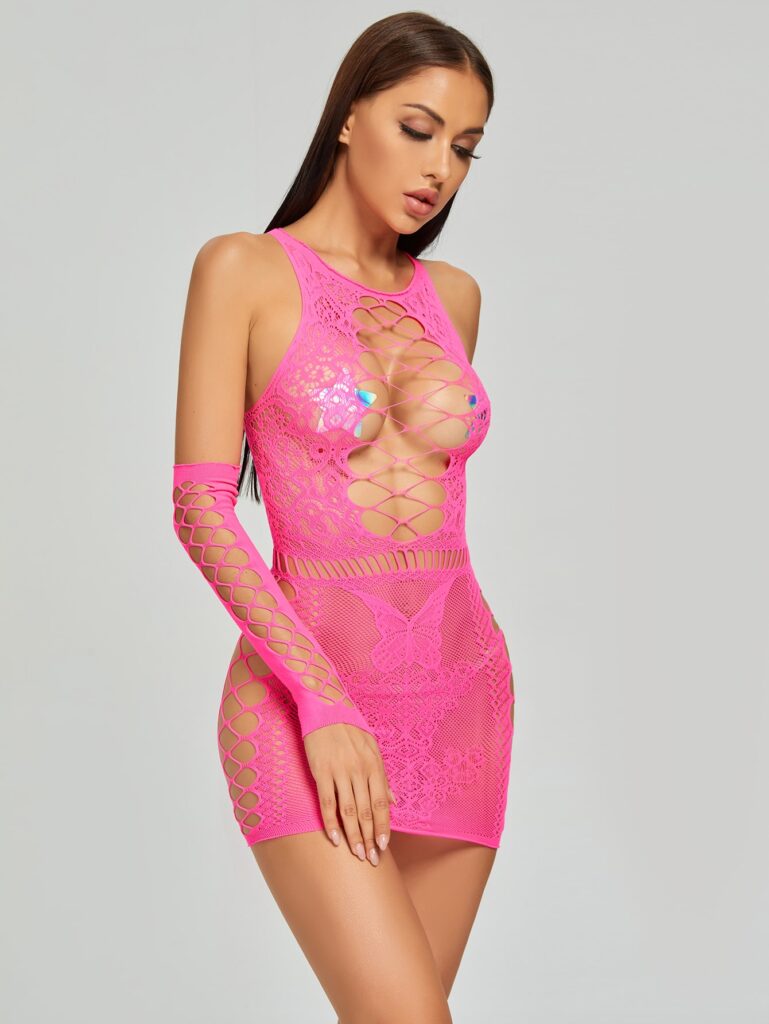 Fishnet Cut-Out Dress & 1 Pair Oversleeve - Hot Pink