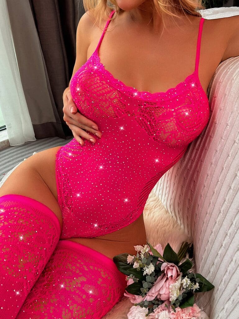 Rhinestone Studded Fishnet Teddy Bodysuit With 1 Pair Stocking Hot Pink