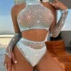 4 Pack Rhinestone Studded Cut-Out Mesh Lingerie Set & Gloves Baby Blue