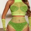 4 Pack Rhinestone Studded Cut-Out Mesh Lingerie Set & Gloves Lime Green
