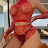 4 Pack Rhinestone Studded Cut-Out Mesh Lingerie Set & Gloves Lime Red