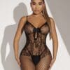 Contrast Lace Front Bow Fishnet Cut-Out Crotchless Body Stocking Black