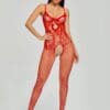 Contrast Lace Front Bow Fishnet Cut-Out Crotchless Body Stocking Red