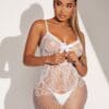 Contrast Lace Front Bow Fishnet Cut-Out Crotchless Body Stocking White