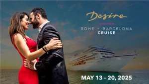 Desire Rome Barcelona Cruise logo with a man and a woman kissing on the beach with a boat in the background