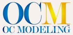 OC Modeling logo with blue and yellow letters on a white background 