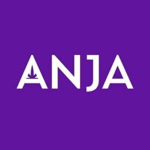 ANJA logo with white letters on a purple background