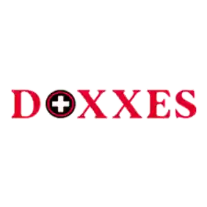 Doxxes logo with red letters on a white background 