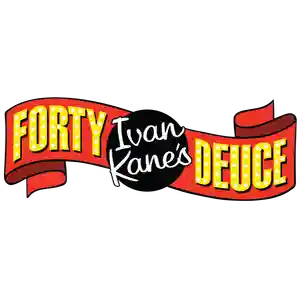 Forty Duce Burlesque logo with a red banner and yellow letters on a white background 