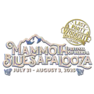 Mammoth Festival of Beers and Bluesapalooza 2025 logo with mountain shaped letters on a white background 