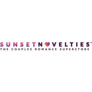 Sunset Novelties logo with red and black letters on a white background 