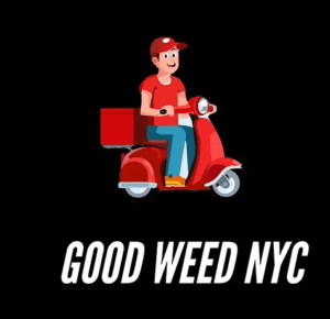 Good Weed NYC logo with a man on a red scooter.